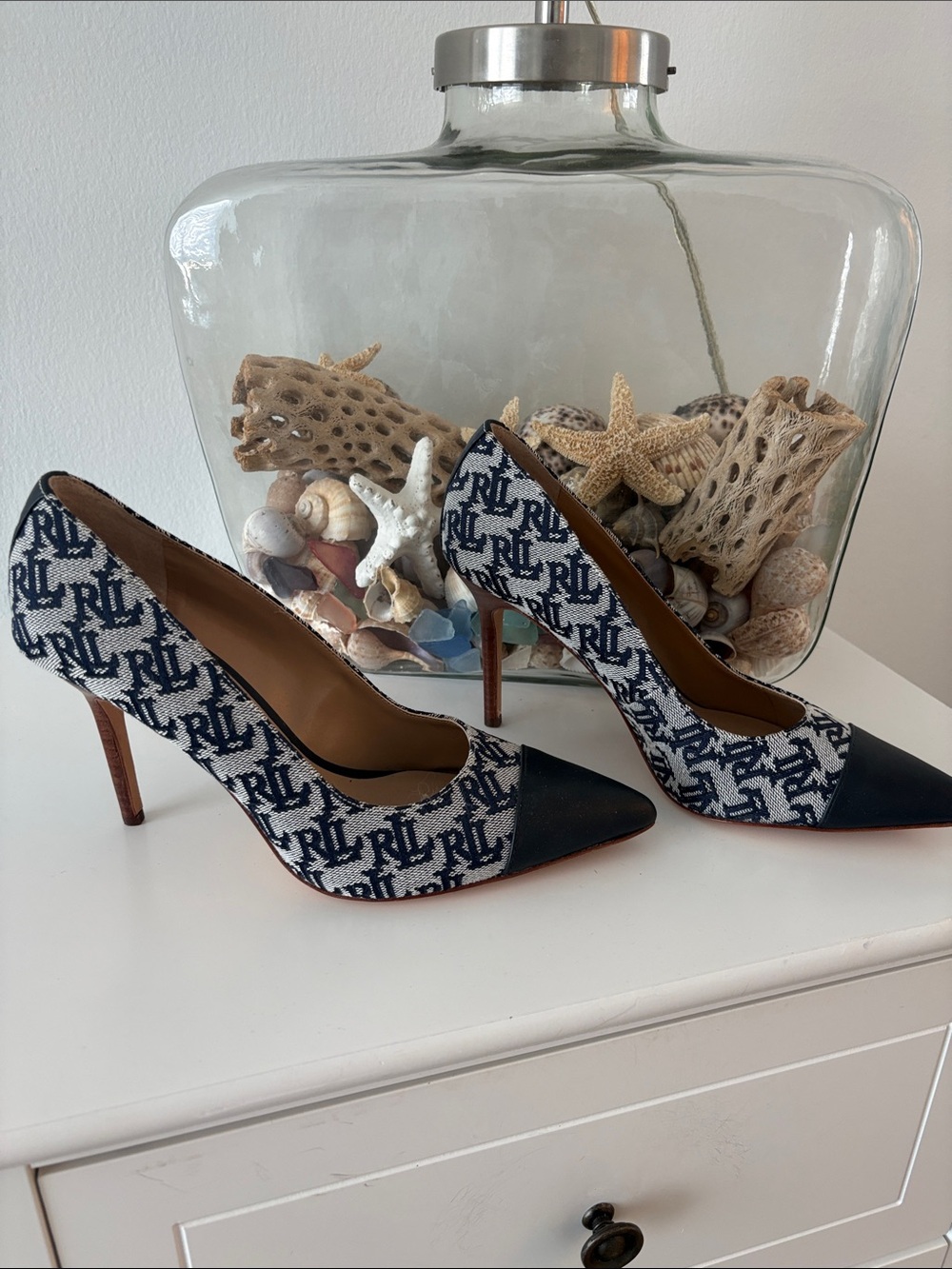 Ralph Lauren Navy & White Monogram Pointed Toe Heels with Navy Cap
